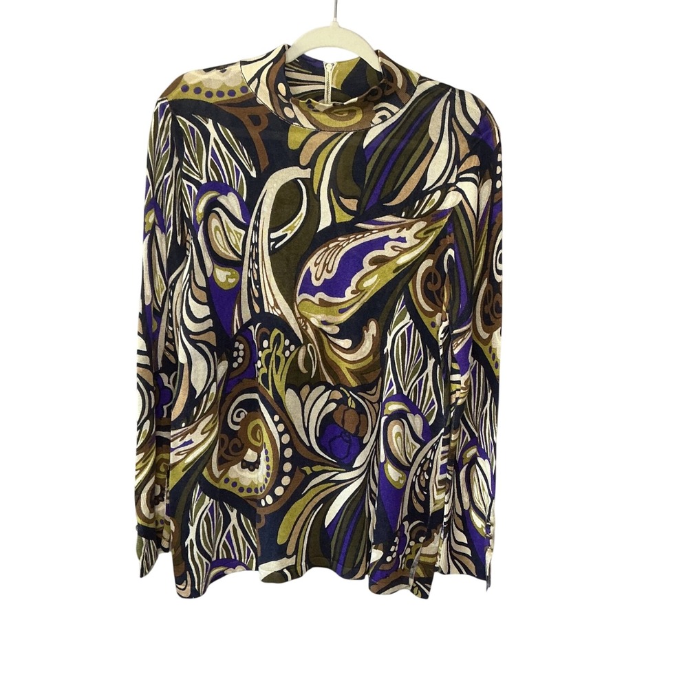 Chicos Mock Neck Paisley Print Sweater Top Purple Olive Gold Buttons Size 2